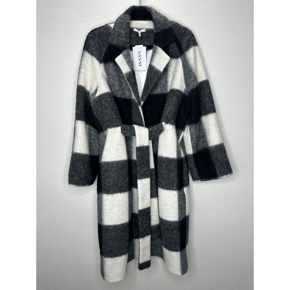 NWT Ganni McKinney Wool in Egret Black & Cream Check Belted Jacket 40 / 10 - Picture 1 of 16